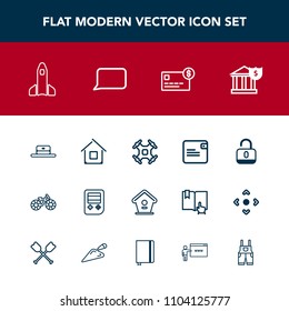 Modern, simple vector icon set with security, talk, science, unlock, rocket, technology, business, wallet, open, head, helicopter, home, credit, launch, arrow, button, web, bike, card, dollar icons