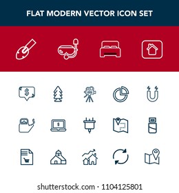 Modern, simple vector icon set with graph, electric, pole, screen, video, double, nature, house, kettle, laptop, bedroom, business, steam, pie, shovel, technology, notebook, chart, kitchen, plug icons