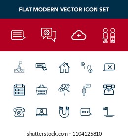 Modern, simple vector icon set with market, ufo, calendar, shop, people, space, estate, building, closed, button, medieval, basket, architecture, travel, day, internet, sign, house, web, chat icons