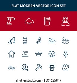 Modern, simple vector icon set with house, lady, ironing, captain, army, young, building, gun, reel, time, home, equipment, minute, fishing, property, navy, iron, face, machine, sport, mail, cap icons