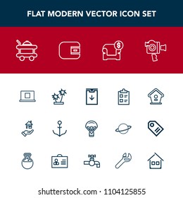 Modern, simple vector icon set with service, house, sky, parachuting, sign, palm, rudder, parachute, nature, profile, download, checklist, film, furniture, estate, tree, web, ship, equipment icons