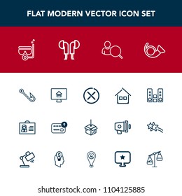 Modern, simple vector icon set with internet, web, technology, computer, sea, music, summer, rod, female, building, estate, currency, trumpet, upload, profile, water, fish, hook, sign, play, no icons
