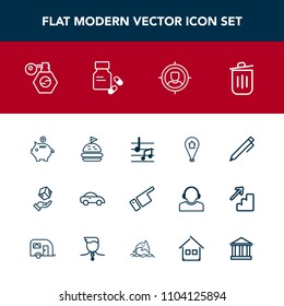 Modern, simple vector icon set with pin, education, food, sandwich, garbage, finance, car, direction, cargo, taxi, shipping, bottle, perfume, recycling, note, delivery, sound, vehicle, package icons