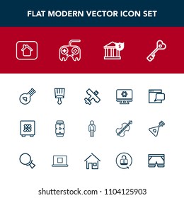 Modern, simple vector icon set with travel, white, safe, security, communication, folk, business, watch, male, web, hand, string, setting, sign, minute, airplane, house, key, chat, instrument icons