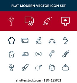 Modern, simple vector icon set with astronomy, money, exercise, sport, cook, navigation, company, fan, chef, cooler, map, air, location, fitness, home, debit, interior, gym, route, uniform, hat icons