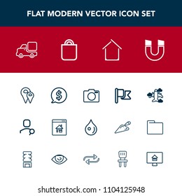 Modern, simple vector icon set with label, web, nation, airplane, flight, internet, home, account, abstract, aircraft, computer, lens, flag, camera, america, online, circle, pin, property, lorry icons