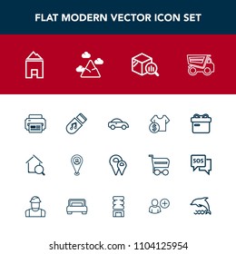 Modern, simple vector icon set with dump, transport, pin, car, house, statistic, taxi, printer, sale, gift, trend, sky, landscape, tipper, present, price, report, blue, storage, online, ribbon icons