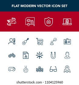 Modern, simple vector icon set with bicycle, female, concert, music, supermarket, cart, person, house, car, task, screen, plan, fast, video, internet, office, cycle, personal, online, shop, map icons