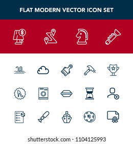 Modern, simple vector icon set with electricity, jazz, success, interior, paintbrush, award, strategy, shovel, trumpet, swimming, brush, construction, win, paint, game, housework, machine, prize icons