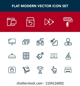 Modern, simple vector icon set with shipping, cash, music, bedroom, arrow, trip, bank, paint, return, box, , currency, communication, employer, bag, internet, luggage, technology, employee, down icons