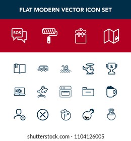 Modern, simple vector icon set with cooking, pretty, bus, award, vehicle, click, interior, book, help, person, call, food, emergency, home, business, winner, safety, professional, water, kitchen icons