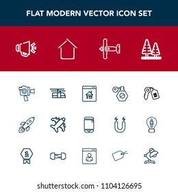 Modern, simple vector icon set with rocket, science, loud, landscape, camera, online, touchscreen, loudspeaker, door, perfume, tree, launch, plane, handle, flight, sky, forest, house, mobile icons