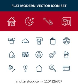 Modern, simple vector icon set with extreme, parachute, present, white, property, gift, vehicle, laboratory, dump, architecture, transportation, security, house, fashion, cash, bank, lock, hook icons