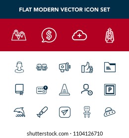 Modern, simple vector icon set with vintage, study, speaker, folder, success, avatar, profile, human, road, ladder, cash, metal, book, paper, library, travel, up, loudspeaker, file, office, step icons
