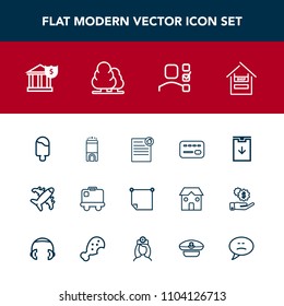 Modern, simple vector icon set with money, stick, baggage, house, flight, room, aircraft, customer, download, sign, cart, nature, estate, travel, credit, business, airplane, plan, hotel, airport icons