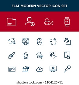 Modern, simple vector icon set with sign, clock, environment, target, down, click, forest, equipment, concept, investment, downstairs, wildlife, document, upstairs, account, computer, finance icons