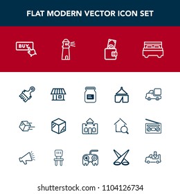 Modern, simple vector icon set with camp, transportation, tin, home, , adventure, aluminum, estate, travel, medieval, business, web, box, double, truck, purse, vehicle, wallet, button, interior icons