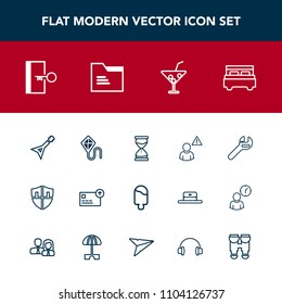 Modern, simple vector icon set with guitar, wrench, alarm, glass, network, exit, cash, sign, white, sand, escape, ice, protect, cocktail, food, hour, time, tool, musical, repair, interior, door icons