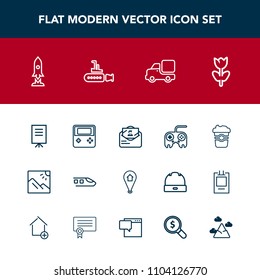 Modern, simple vector icon set with pin, spaceship, coffee, sea, blossom, ocean, undersea, photography, map, flower, lorry, drink, craft, meeting, mug, boat, space, railway, location, train, cup icons