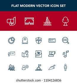 Modern, simple vector icon set with presentation, travel, finance, ocean, boat, business, cartoon, shield, summer, mask, cheque, alien, supermarket, bill, road, snorkel, protect, chart, nature icons