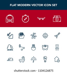 Modern, simple vector icon set with equipment, sound, paper, up, concept, guitar, france, office, point, landmark, laboratory, customer, currency, marketing, tower, paris, downstairs, location icons