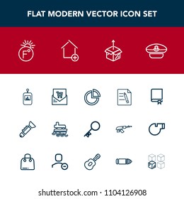 Modern, simple vector icon set with library, hat, chart, paper, business, package, captain, control, bugle, bill, remote, presentation, study, door, pie, thermometer, retail, list, security, key icons