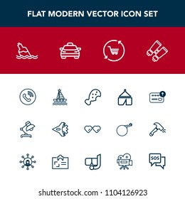 Modern, simple vector icon set with vision, currency, phone, airplane, sun, ring, spy, circle, drink, yacht, fast, cash, travel, fashion, interior, camp, watch, sunglasses, aircraft, lamp, water icons