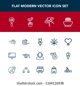 Modern, simple vector icon set with service, graduation, education, sitting, late, electrical, white, nature, spacecraft, spaceship, dinner, heart, spring, technology, pc, university, school icons