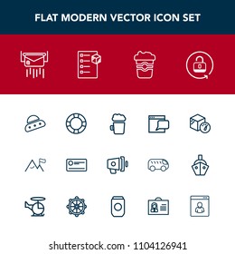 Modern, simple vector icon set with ufo, drink, ship, technology, money, message, spaceship, speaker, weight, lock, unlock, coffee, cheque, payment, pool, alcohol, finance, envelope, beer, white icons