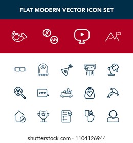 Modern, simple vector icon set with trumpet, post, instrument, bugle, sunglasses, folk, message, sign, lorry, mail, money, element, music, envelope, truck, cash, lamp, shipping, glasses, string icons