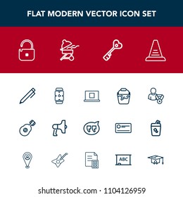 Modern, simple vector icon set with step, protection, concept, music, white, key, internet, bubble, up, musical, megaphone, online, door, pen, bbq, guitar, write, web, security, speaker, time icons