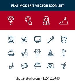 Modern, simple vector icon set with reward, success, blue, transport, digital, education, award, job, speed, glass, wine, water, transportation, red, train, technology, construction, screen, win icons
