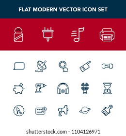 Modern, simple vector icon set with people, touch, bubble, drill, bank, speech, money, showing, finger, sound, coin, fitness, antenna, electricity, technology, printer, talk, stereo, musical icons