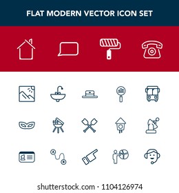 Modern, simple vector icon set with canoe, landscape, bathroom, faucet, cooking, speed, boat, house, fashion, transportation, travel, magnifying, paddle, technology, cap, party, search, hat, bus icons