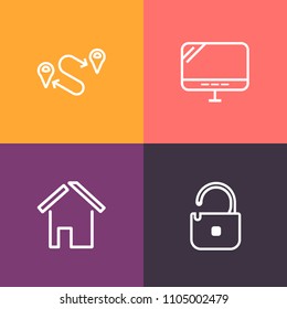 Modern, simple vector icon set on colorful background with place, password, navigation, location, protection, technology, construction, architecture, house, laptop, exterior, home, building, pin icons