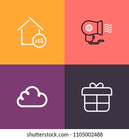 Modern, simple vector icon set on colorful background with house, internet, housing, wind, hot, person, appliance, air, people, box, birthday, celebration, mortgage, real, present, sale, dryer icons
