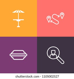Modern, simple vector icon set on colorful background with bun, food, drink, counter, cheese, coffee, cafe, marker, business, web, screen, technology, hamburger, table, sign, lettuce, pub, space icons