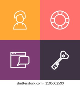 Modern, simple vector icon set on colorful background with communication, holiday, person, message, online, access, door, social, summer, people, secure, vacation, sign, network, security, chat icons