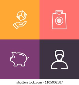Modern, simple vector icon set on colorful background with man, store, finance, character, pig, commercial, package, sale, delivery, bag, handle, buy, gift, retail, young, cargo, cardboard, guy icons