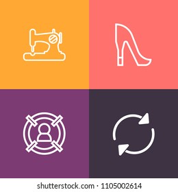 Modern, simple vector icon set on colorful background with high, woman, pair, glamour, white, craft, style, needle, elegant, equipment, leather, marketing, shoe, girl, tool, group, repeat, retro icons