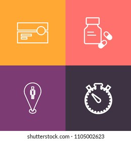 Modern, simple vector icon set on colorful background with capsule, sound, stereo, care, medication, audio, prescription, pill, object, pin, minute, old, countdown, vintage, music, medical, time icons