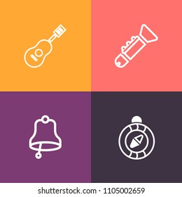Modern, simple vector icon set on colorful background with compass, navigation, morning, orchestra, jazz, wind, flute, direction, violin, classical, acoustic, alert, north, sound, sign, map icons