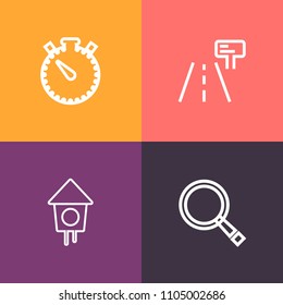 Modern, simple vector icon set on colorful background with transportation, hole, nature, wooden, road, green, house, zoom, information, highway, warning, time, summer, magnifier, street, find icons