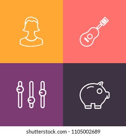 Modern, simple vector icon set on colorful background with music, social, currency, investment, concert, head, flute, concept, sound, face, people, jazz, orchestra, money, financial, rock, sign icons