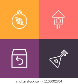 Modern, simple vector icon set on colorful background with wooden, nest, folk, sound, concert, violin, orchestra, home, art, compass, hole, order, music, birdhouse, instrument, shipping, wood icons