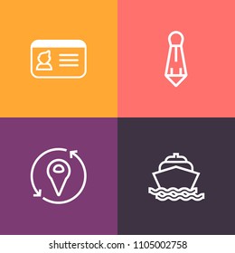 Modern, simple vector icon set on colorful background with personal, nautical, ocean, identity, speed, transport, vessel, id, location, shirt, blue, fashion, water, refreshment, travel, tie, map icons