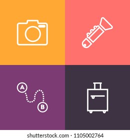 Modern, simple vector icon set on colorful background with tourist, luggage, vacation, map, direction, tourism, suitcase, camera, professional, holiday, photo, bag, music, jazz, musical, horn icons