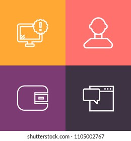 Modern, simple vector icon set on colorful background with payment, business, computer, bubble, chat, display, chatting, problem, profile, people, alert, monitor, card, security, danger, human icons