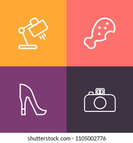 Modern, simple vector icon set on colorful background with flash, desk, meat, furniture, metal, camera, style, burger, decor, fast, restaurant, digital, heel, photo, sandwich, food, woman, shoe icons