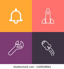 Modern, simple vector icon set on colorful background with orbit, wrench, call, blue, launch, exploration, science, sky, craft, repair, construction, space, maintenance, tool, technology, flight icons